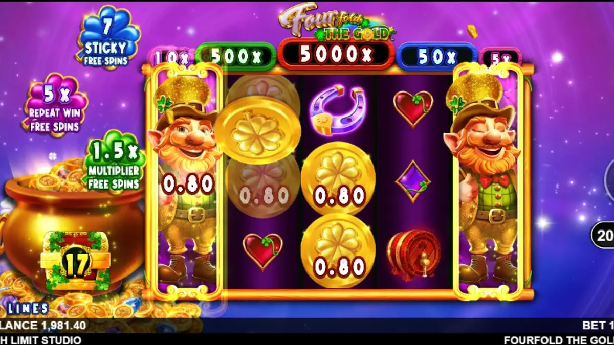 Tampilan visual slot Fourfold the Gold dengan latar belakang luar angkasa dan simbol keberuntungan Irlandia.